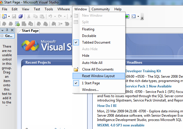 Reset Menu Visual Studio 2005