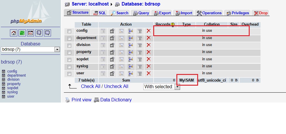 ข้อมูลที่แสดงบน phpmyadmin